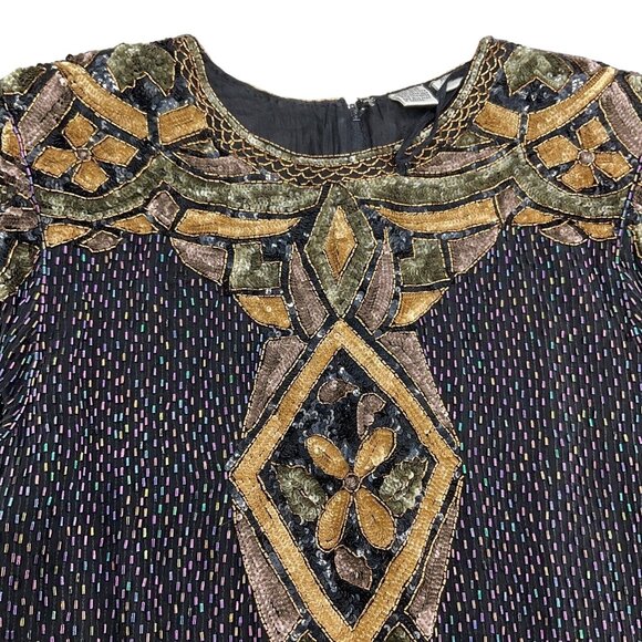 Unbranded Blouse Women Medium Black Gold Multi All Bead Floral Diamond Silk VTG - Picture 2 of 12